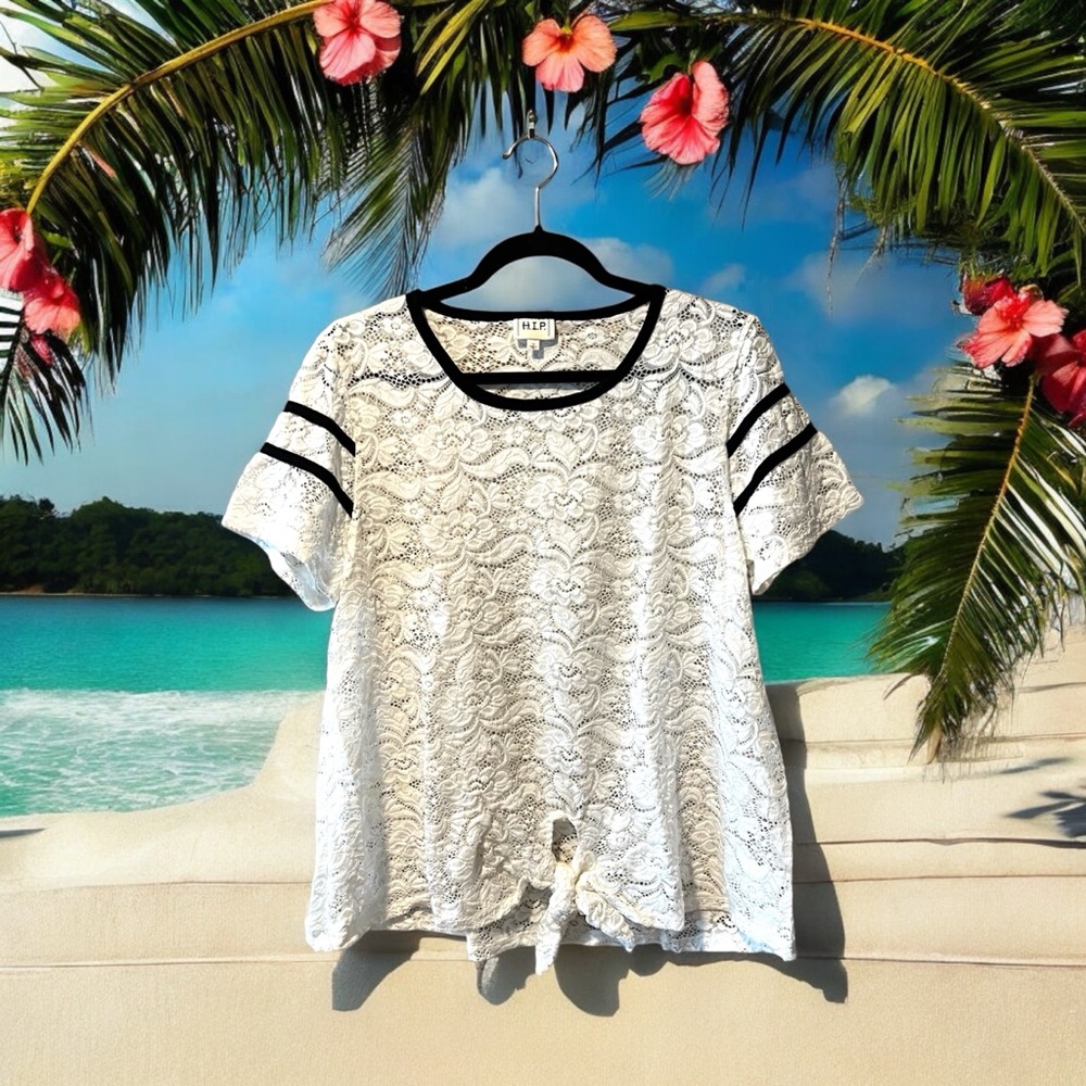 H.I.P. White Lace Top with Black Trim Accents